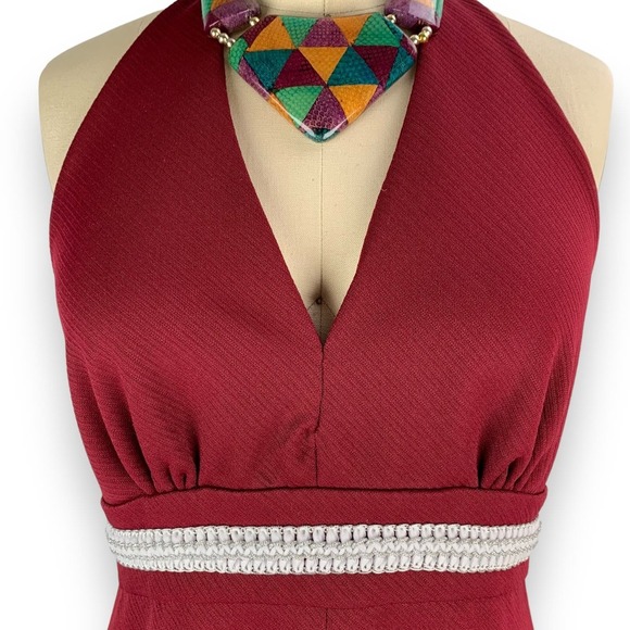 1960s custom made A-line halter maroon hippie dress with matching cropped jacket - Picture 9 of 16